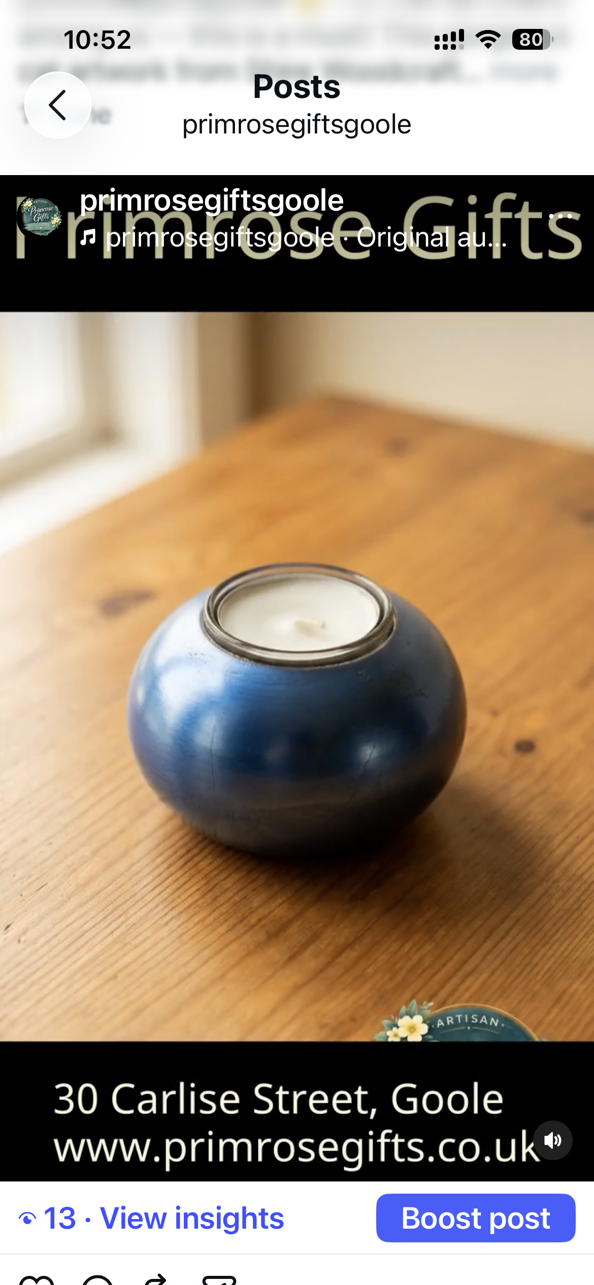 Primrose Gifts Instagram product post — ceramic candle holder